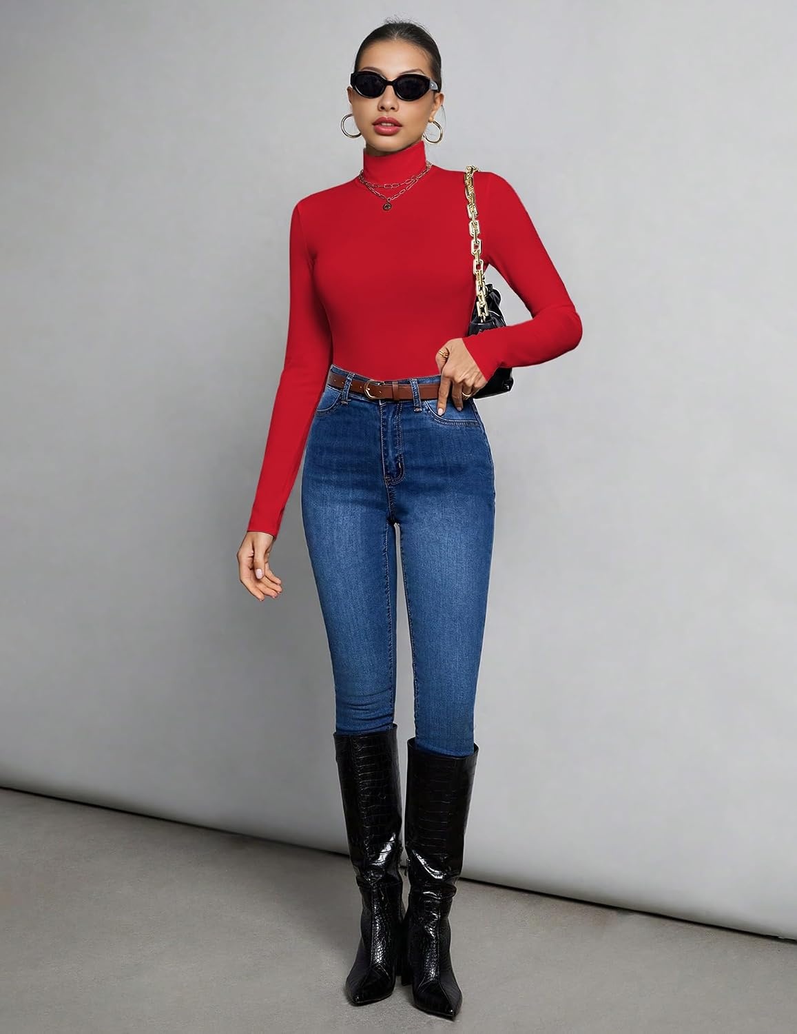 image:imageEkouaer Womens Mock Turtleneck Tops Fitted Long Sleeve ShirtsRed