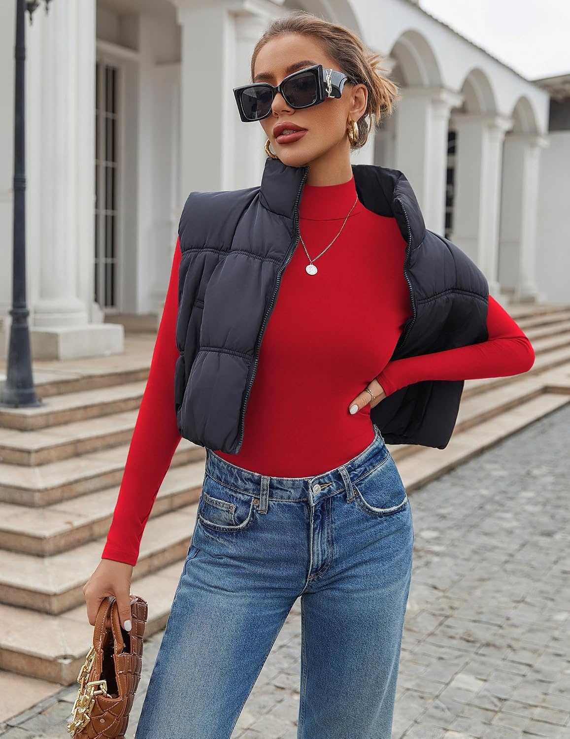image:imageEkouaer Womens Mock Turtleneck Tops Fitted Long Sleeve ShirtsRed