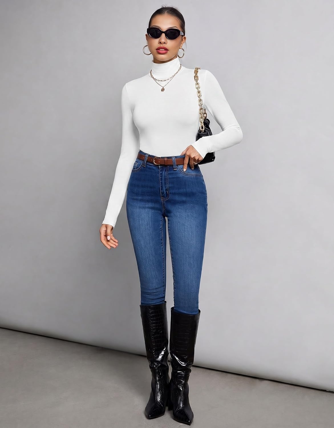 image:imageEkouaer Womens Mock Turtleneck Tops Fitted Long Sleeve ShirtsWhite