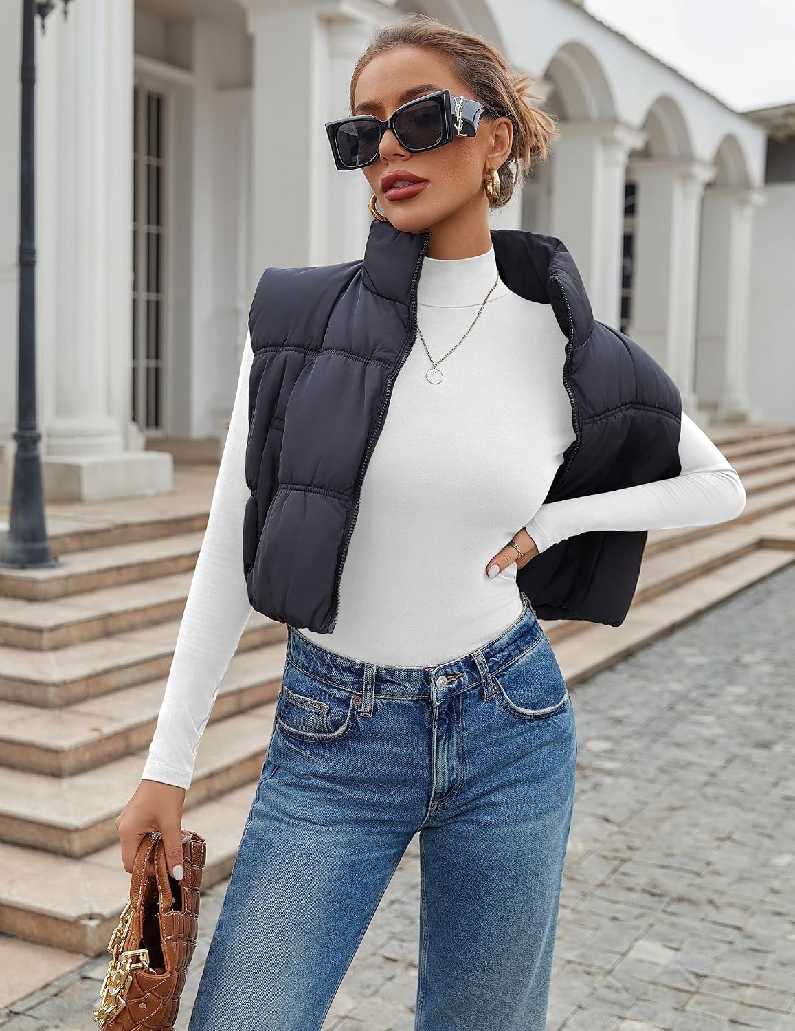 image:imageEkouaer Womens Mock Turtleneck Tops Fitted Long Sleeve ShirtsWhite