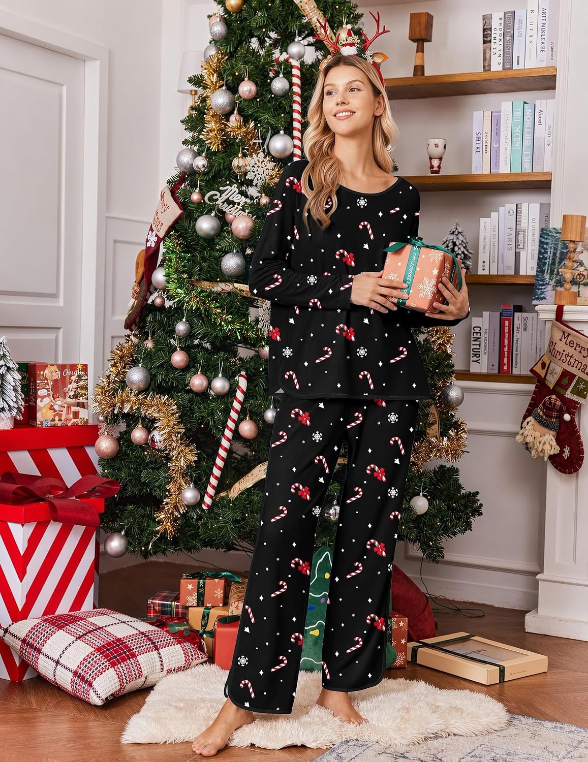 image:imageEkouaer Womens Pajama Sets 2 Piece Striped Loungewear Soft Matching PjsChristmas Black Candy Cane