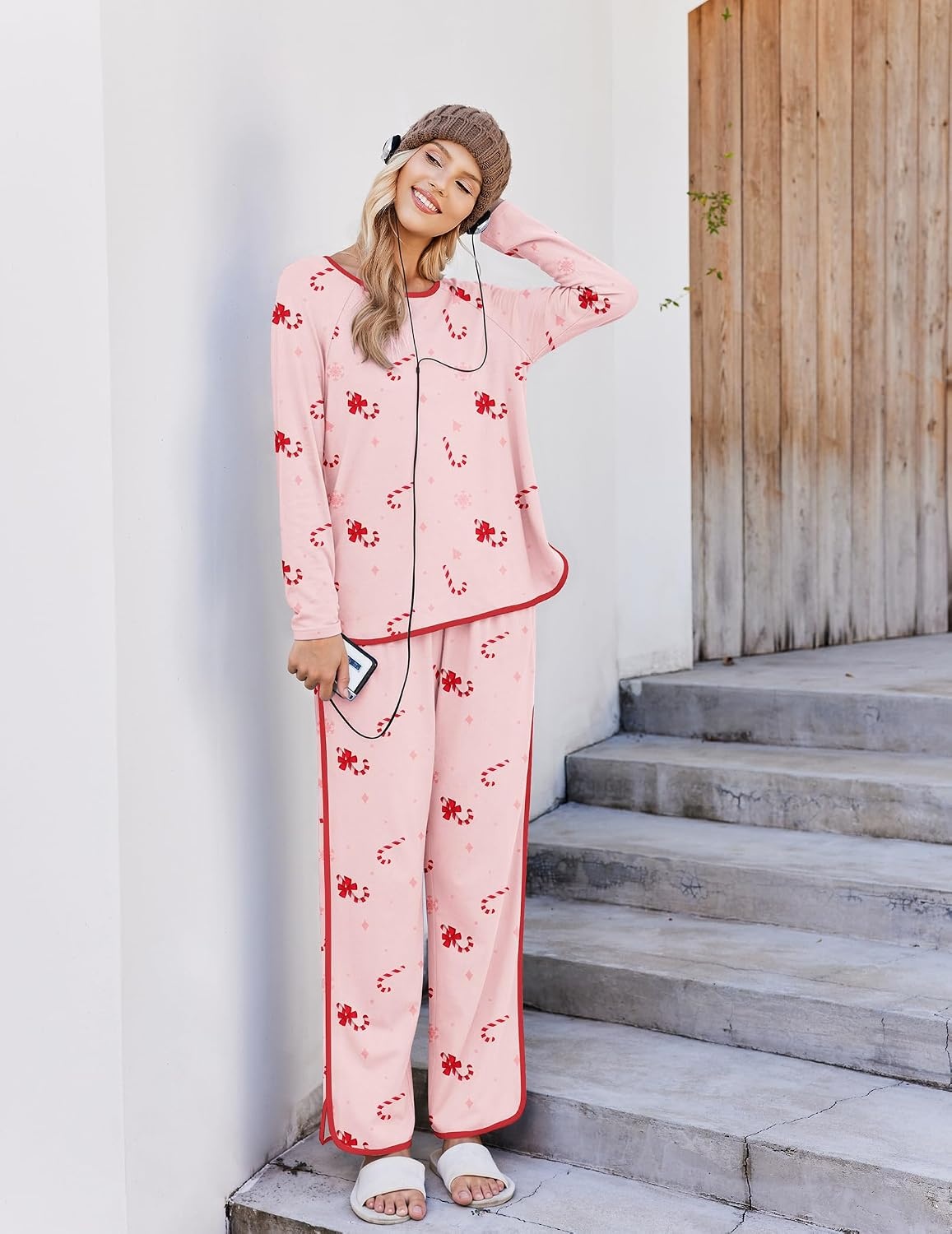 image:imageEkouaer Womens Pajama Sets 2 Piece Striped Loungewear Soft Matching PjsChristmas Pink Candy Cane