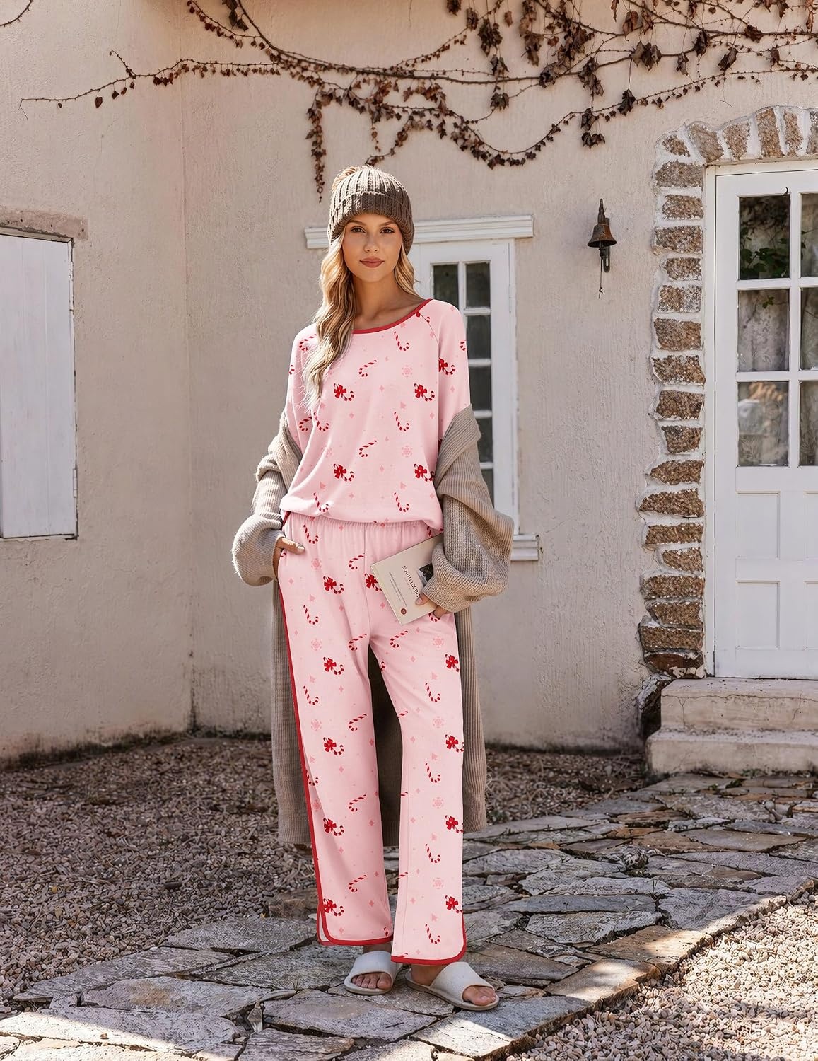 image:imageEkouaer Womens Pajama Sets 2 Piece Striped Loungewear Soft Matching PjsChristmas Pink Candy Cane