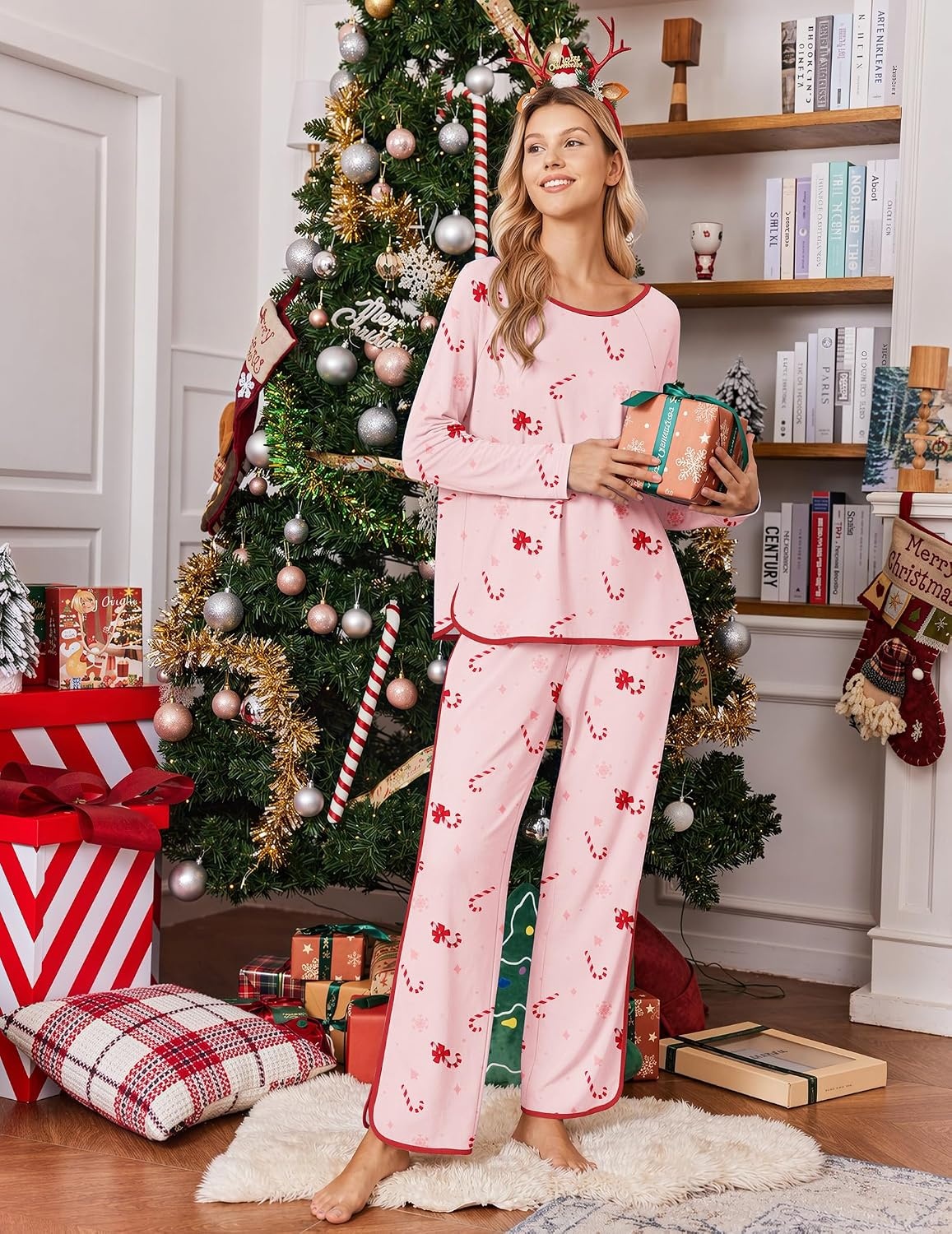 image:imageEkouaer Womens Pajama Sets 2 Piece Striped Loungewear Soft Matching PjsChristmas Pink Candy Cane