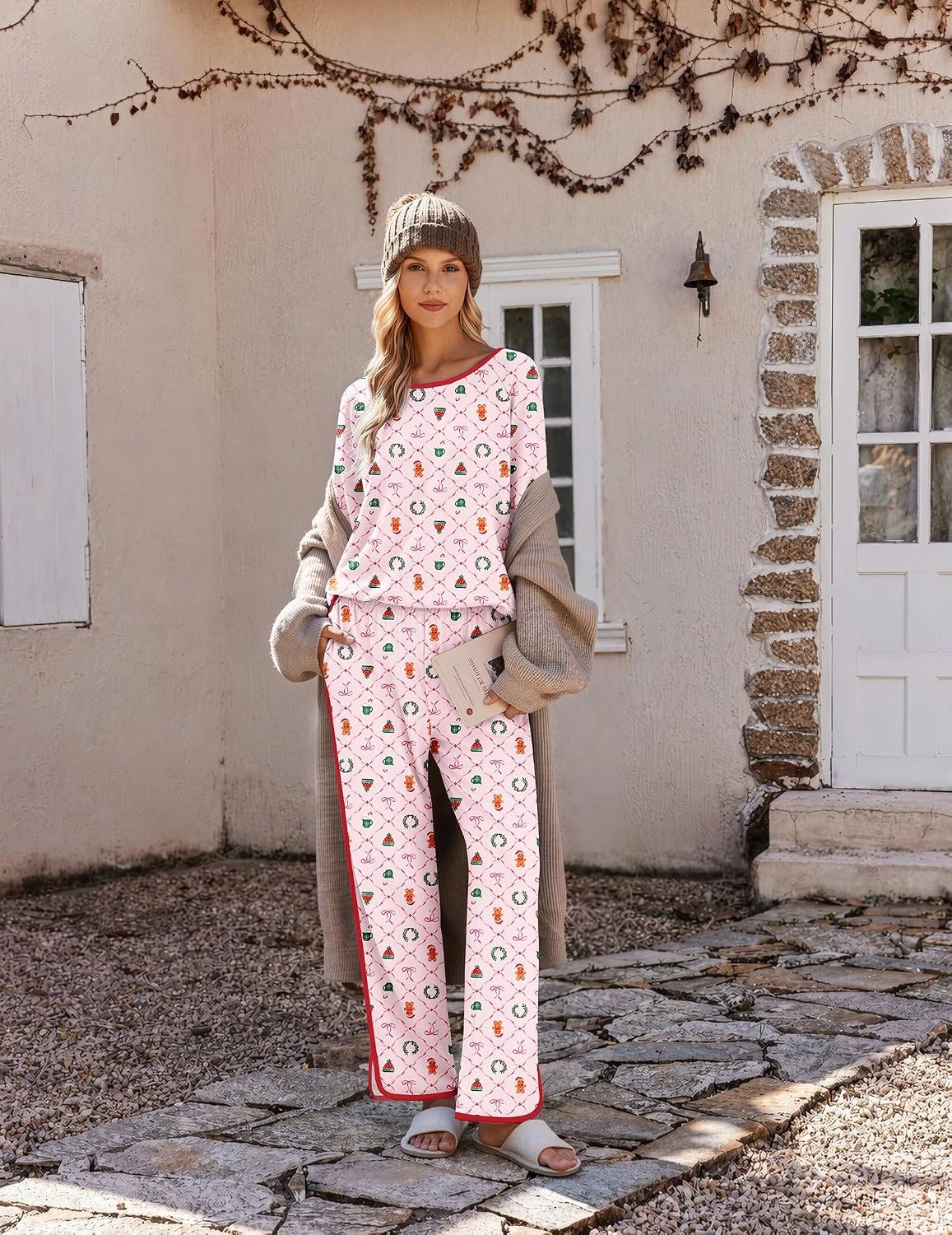 image:imageEkouaer Womens Pajama Sets 2 Piece Striped Loungewear Soft Matching PjsChristmas Pink Wreath
