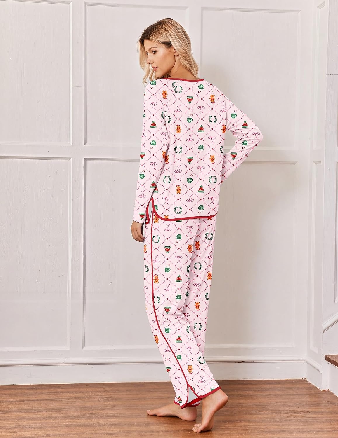 image:imageEkouaer Womens Pajama Sets 2 Piece Striped Loungewear Soft Matching PjsChristmas Pink Wreath