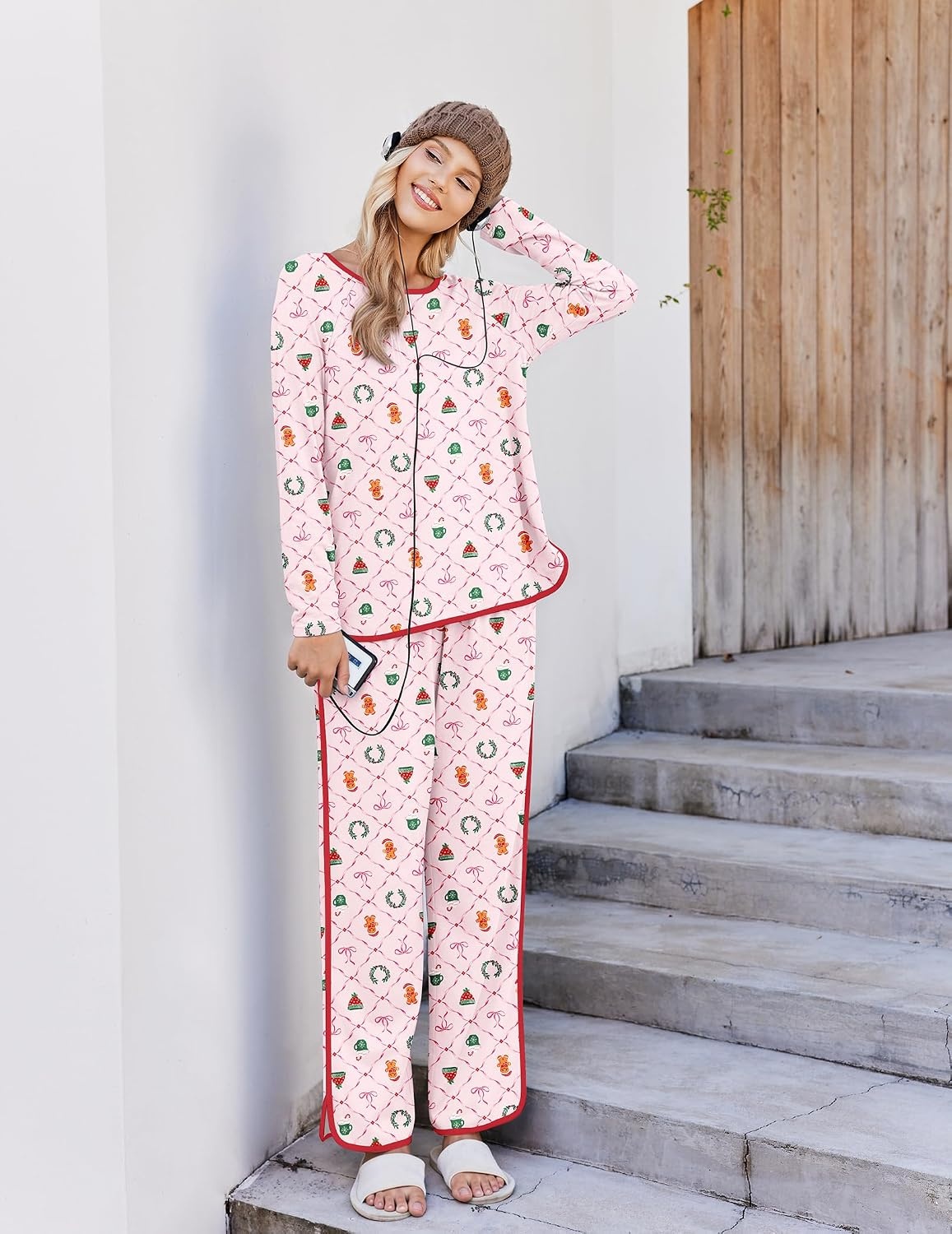 image:imageEkouaer Womens Pajama Sets 2 Piece Striped Loungewear Soft Matching PjsChristmas Pink Wreath