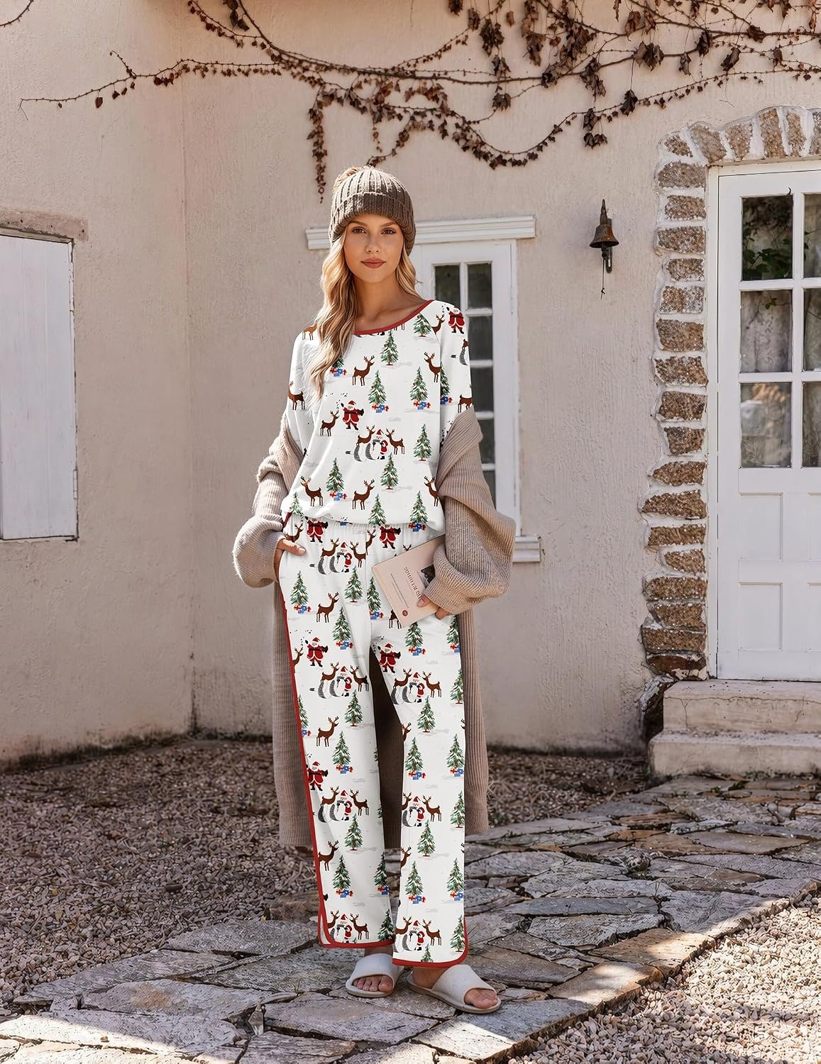 image:imageEkouaer Womens Pajama Sets 2 Piece Striped Loungewear Soft Matching PjsChristmas White Santa Claus