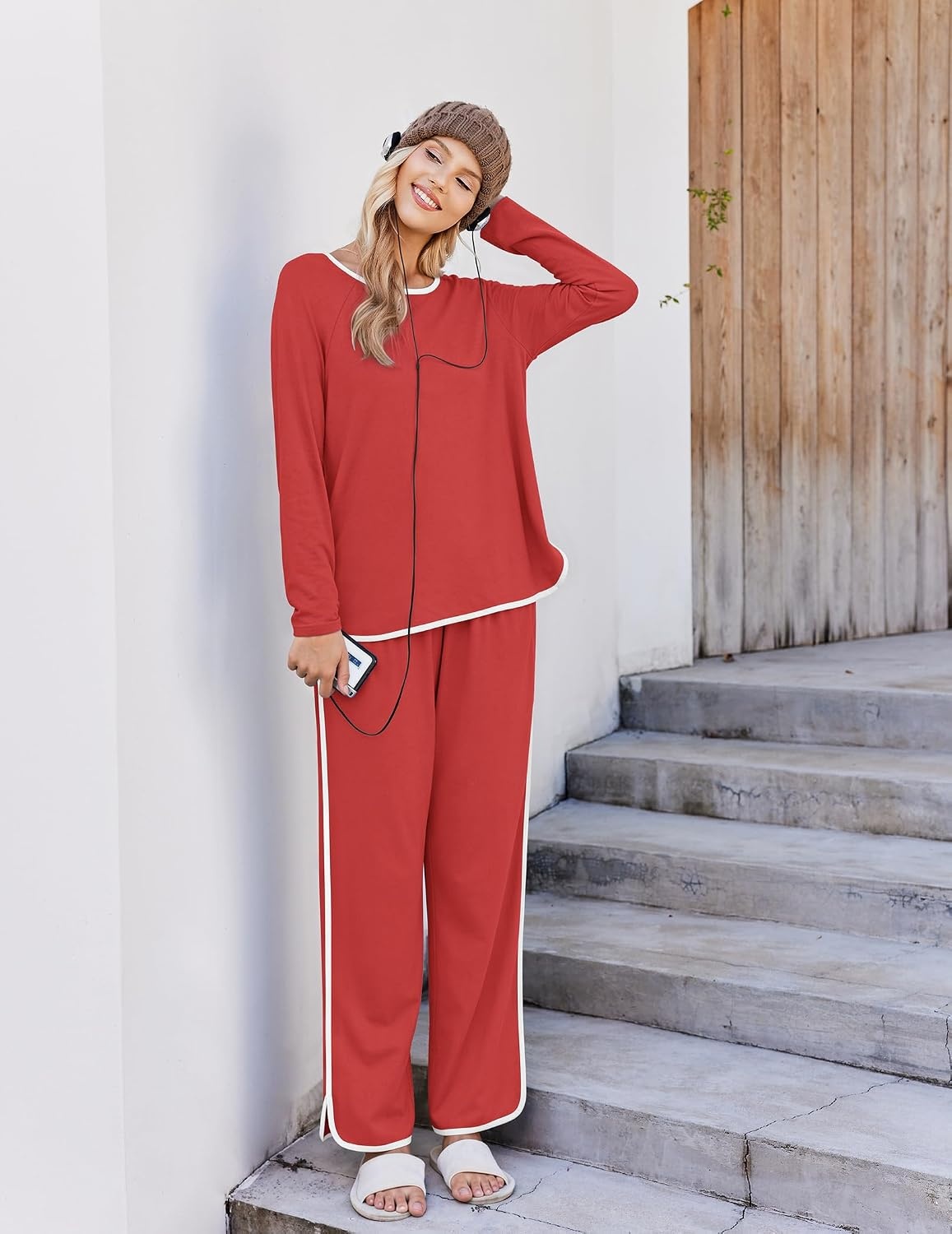 image:imageEkouaer Womens Pajama Sets 2 Piece Striped Loungewear Soft Matching PjsSolid Christmas Red