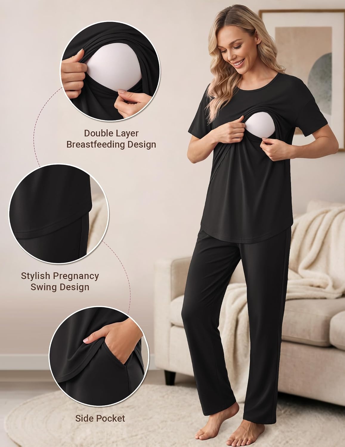 image:imageWomen 3Pcs Maternity Nursing Pajamas Sets Short Sleeve Breastfeeding PjsBlack