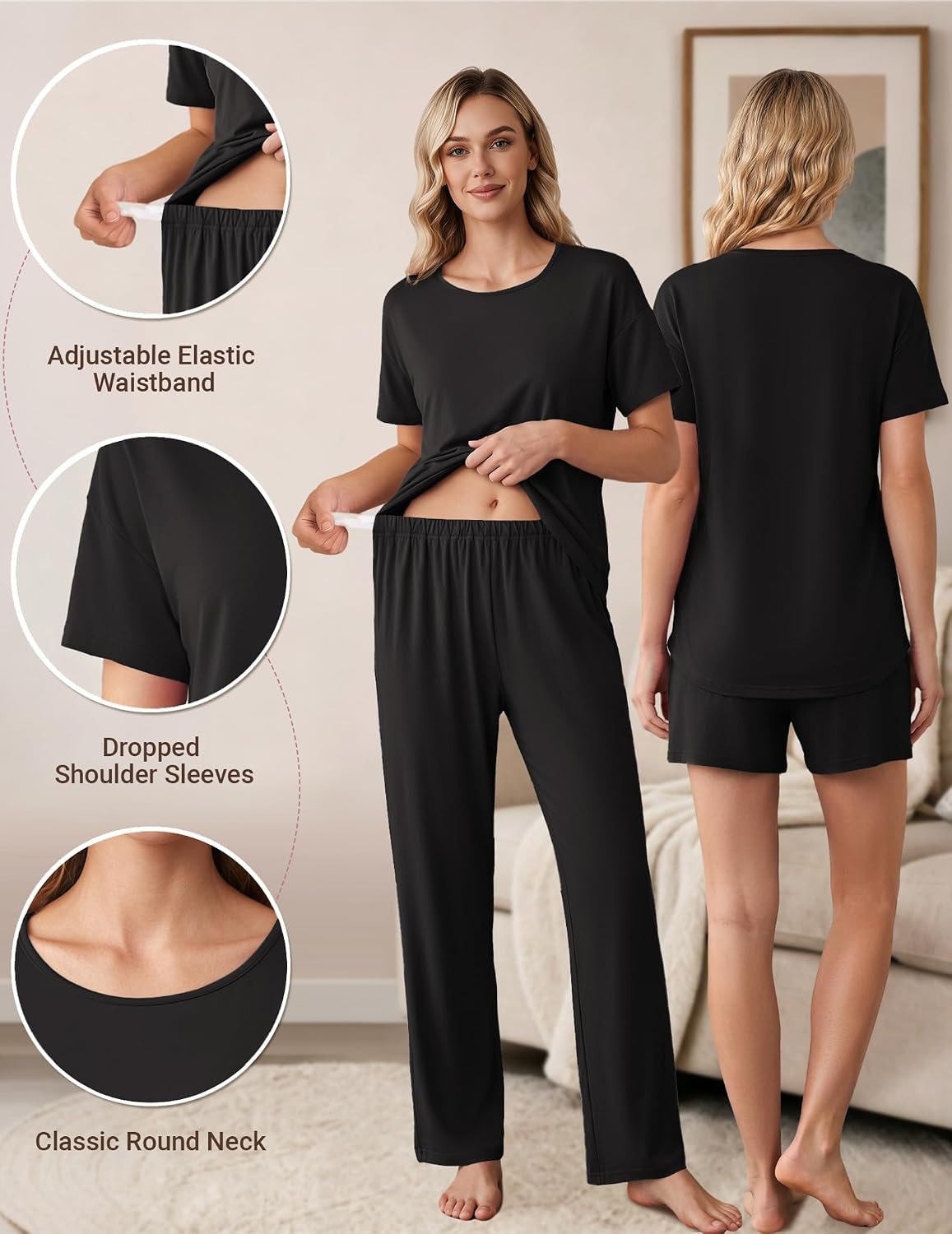 image:imageWomen 3Pcs Maternity Nursing Pajamas Sets Short Sleeve Breastfeeding PjsBlack