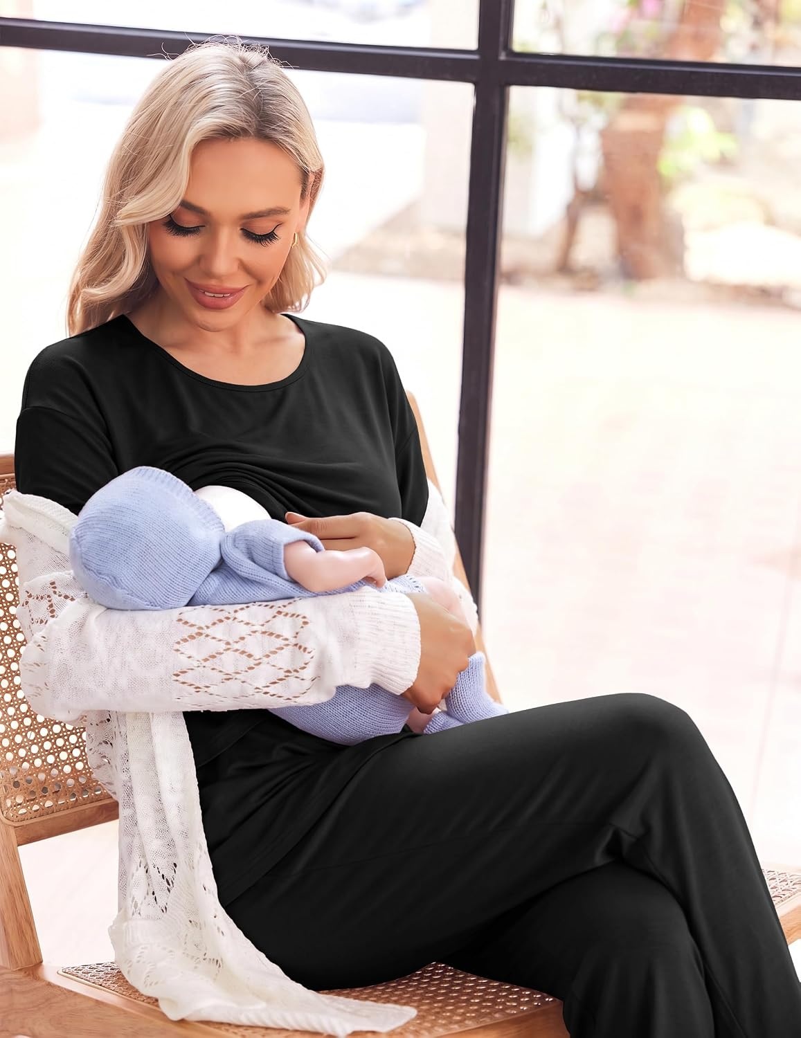 image:imageWomen 3Pcs Maternity Nursing Pajamas Sets Short Sleeve Breastfeeding PjsBlack