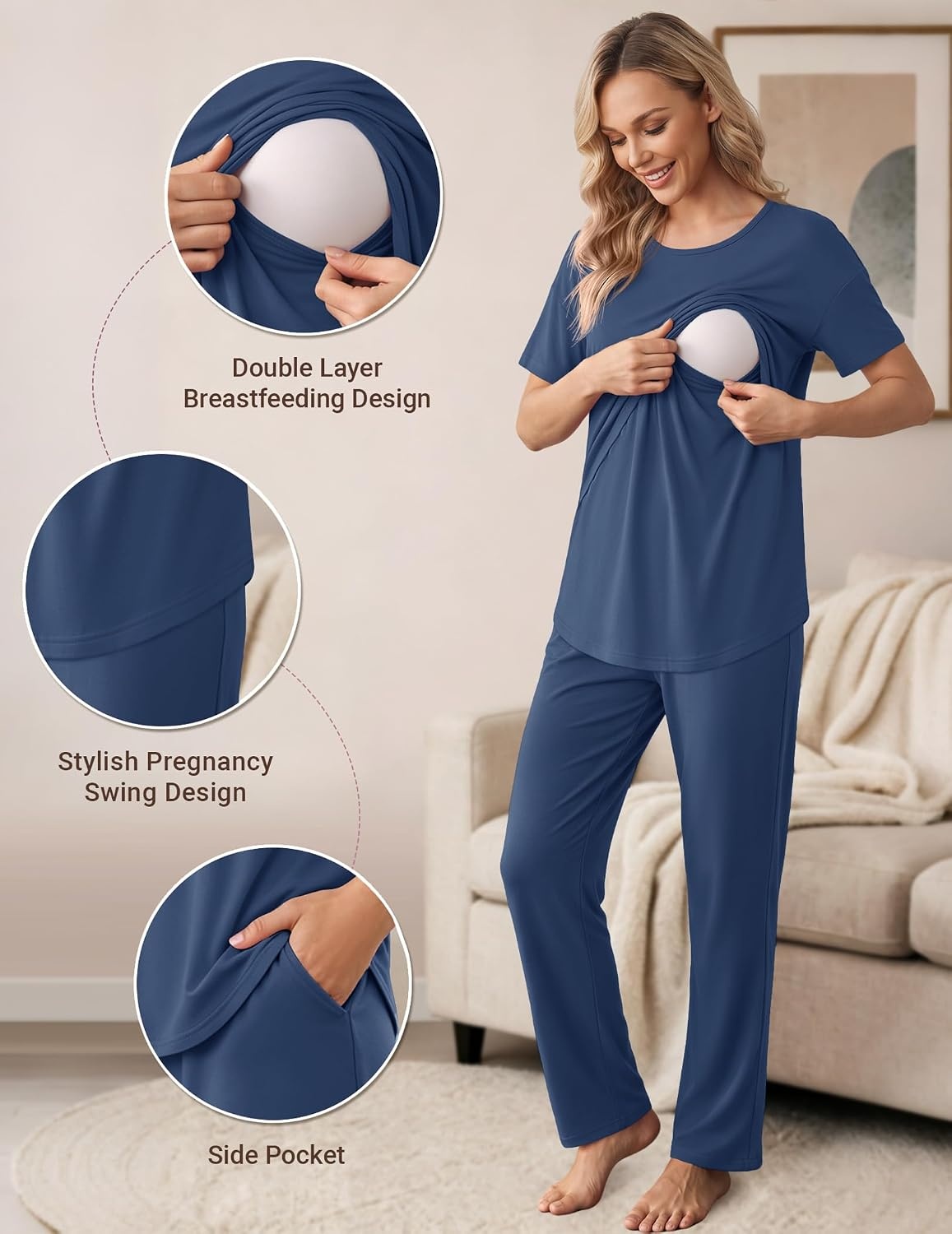 image:imageWomen 3Pcs Maternity Nursing Pajamas Sets Short Sleeve Breastfeeding PjsBlue