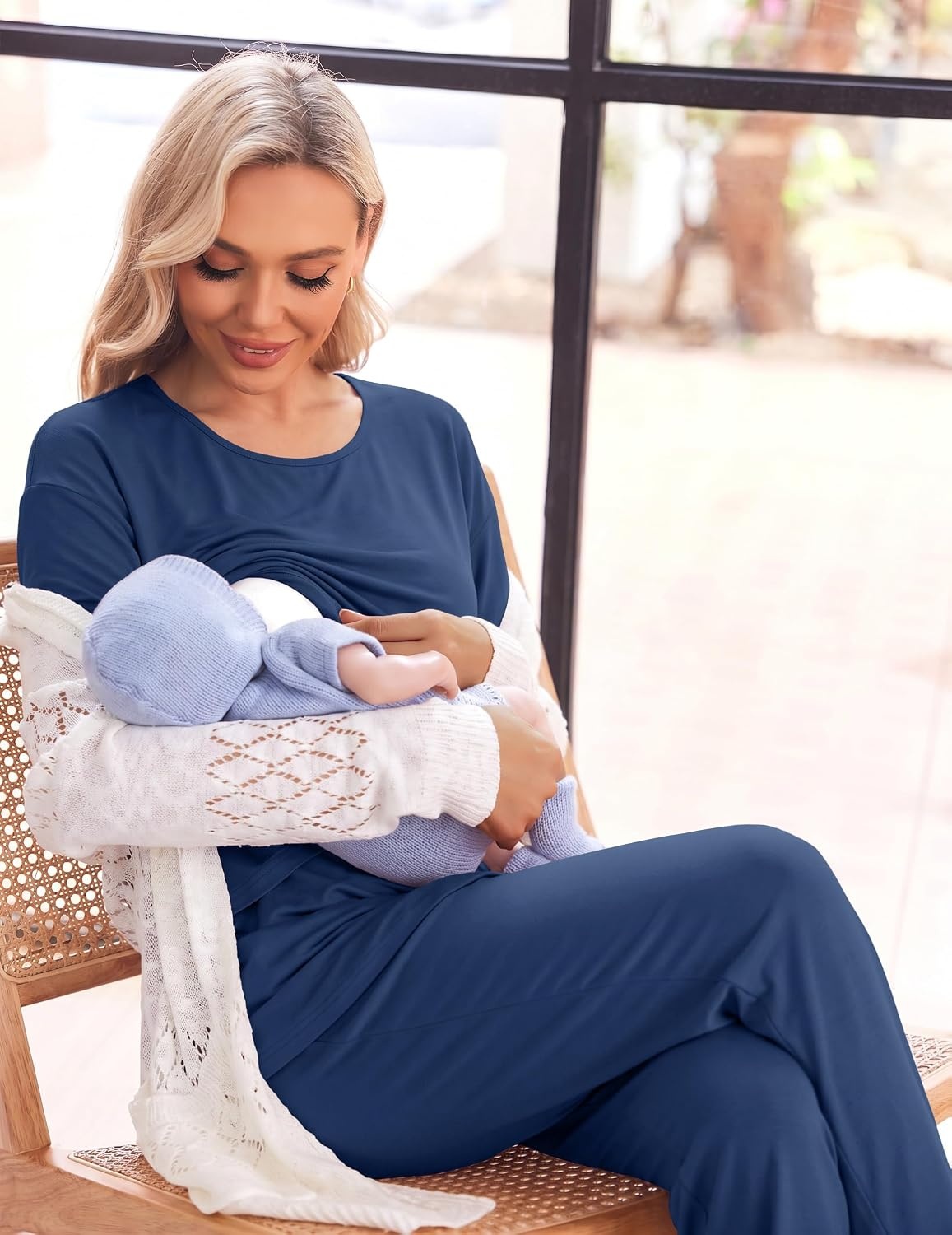 image:imageWomen 3Pcs Maternity Nursing Pajamas Sets Short Sleeve Breastfeeding PjsBlue