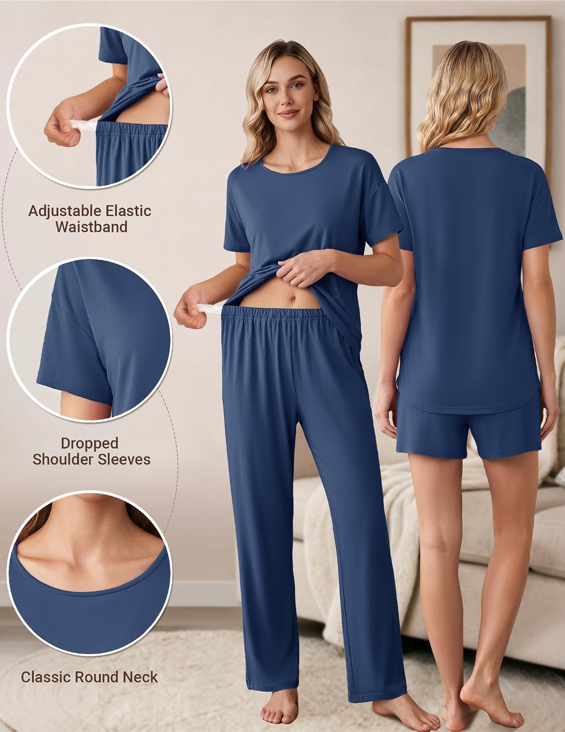 image:imageWomen 3Pcs Maternity Nursing Pajamas Sets Short Sleeve Breastfeeding PjsBlue