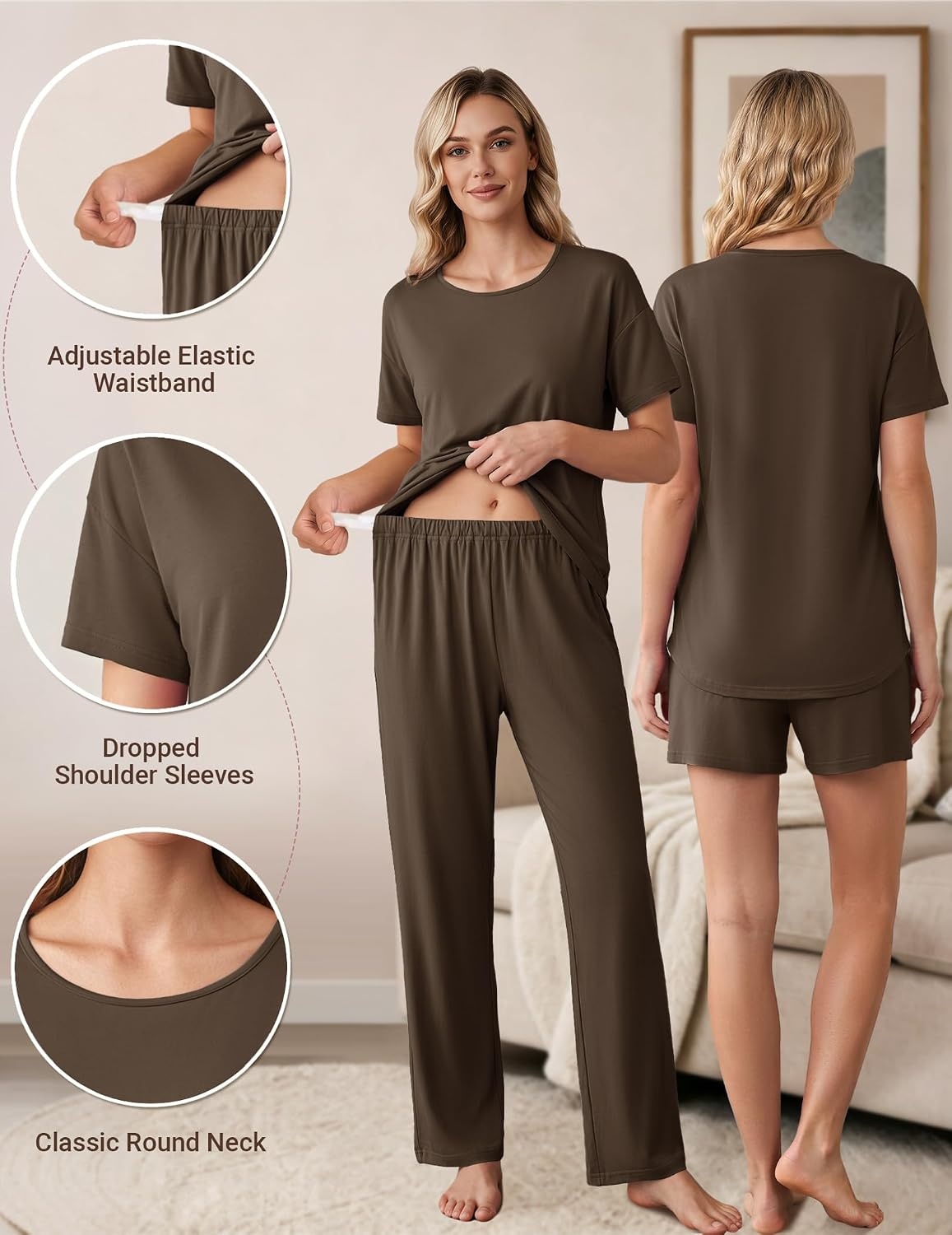 image:imageWomen 3Pcs Maternity Nursing Pajamas Sets Short Sleeve Breastfeeding PjsBrown