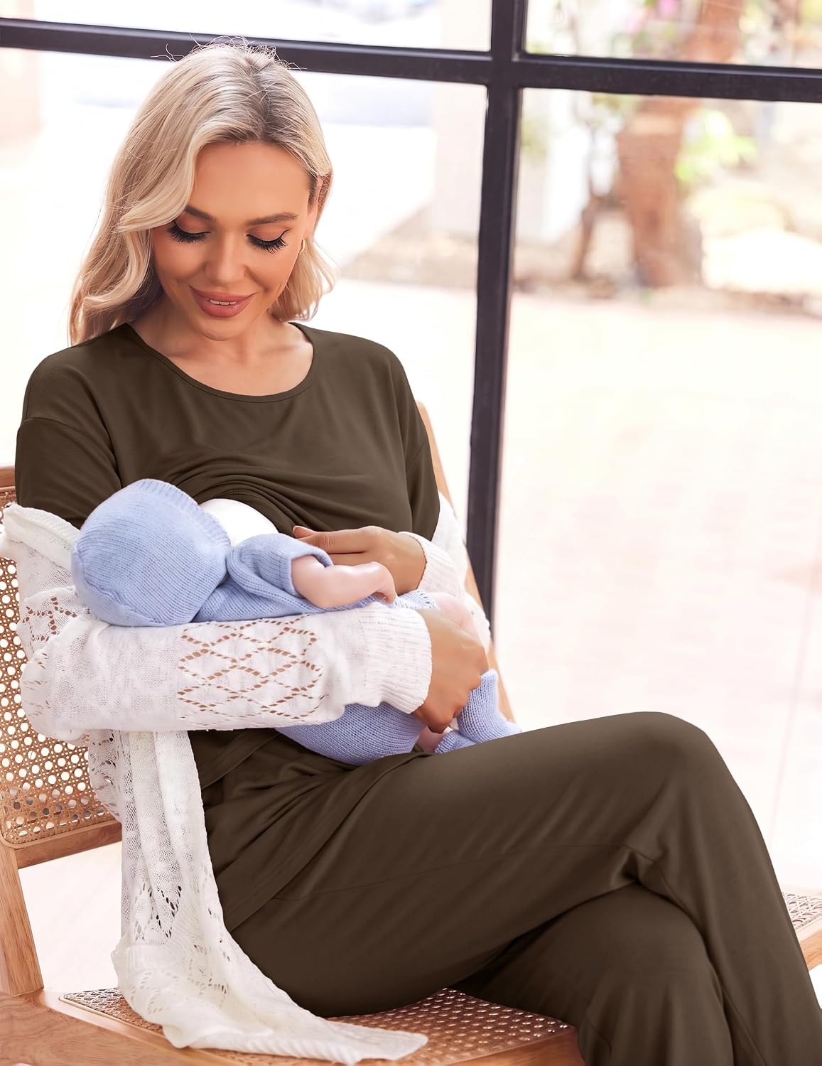 image:imageWomen 3Pcs Maternity Nursing Pajamas Sets Short Sleeve Breastfeeding PjsBrown