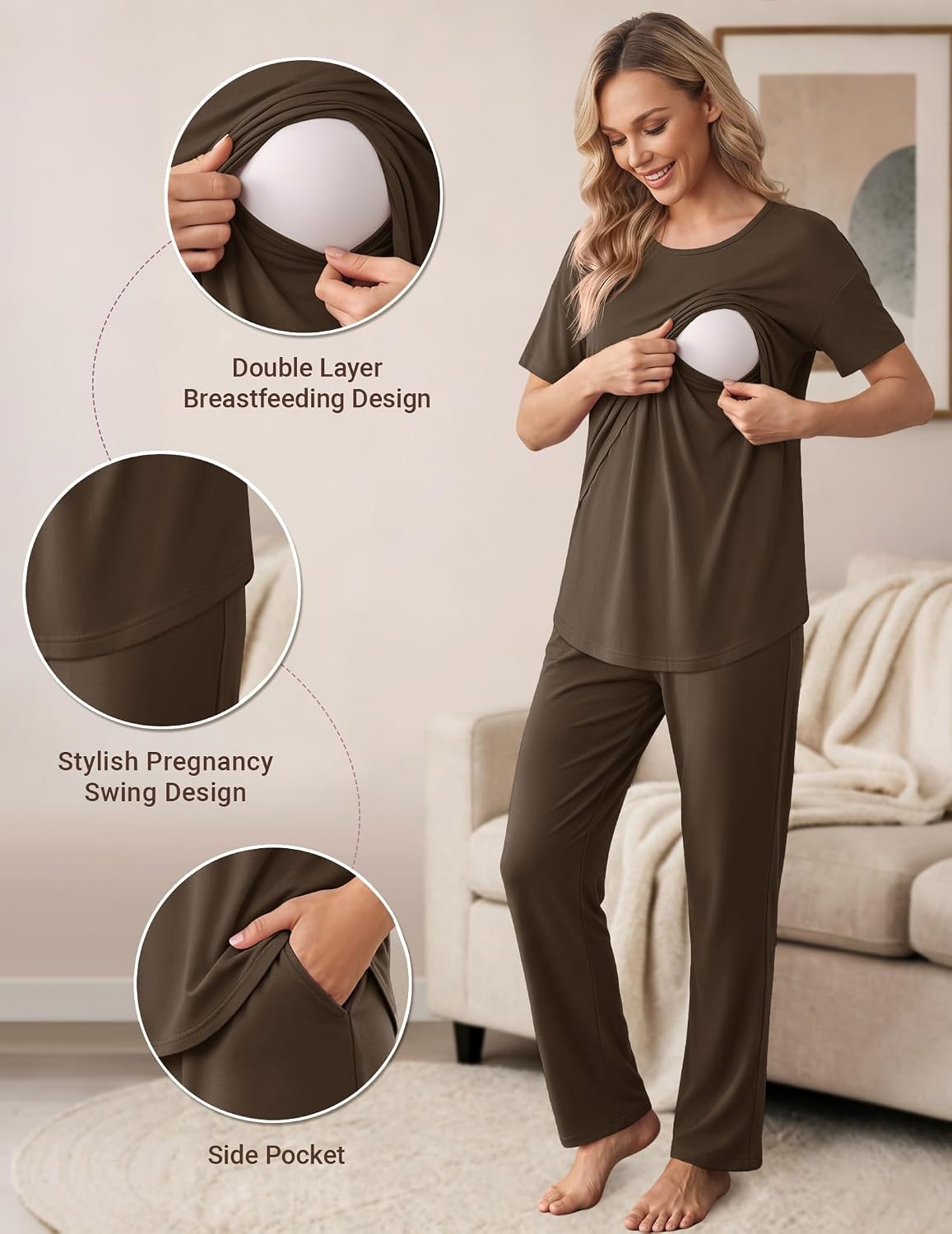 image:imageWomen 3Pcs Maternity Nursing Pajamas Sets Short Sleeve Breastfeeding PjsBrown