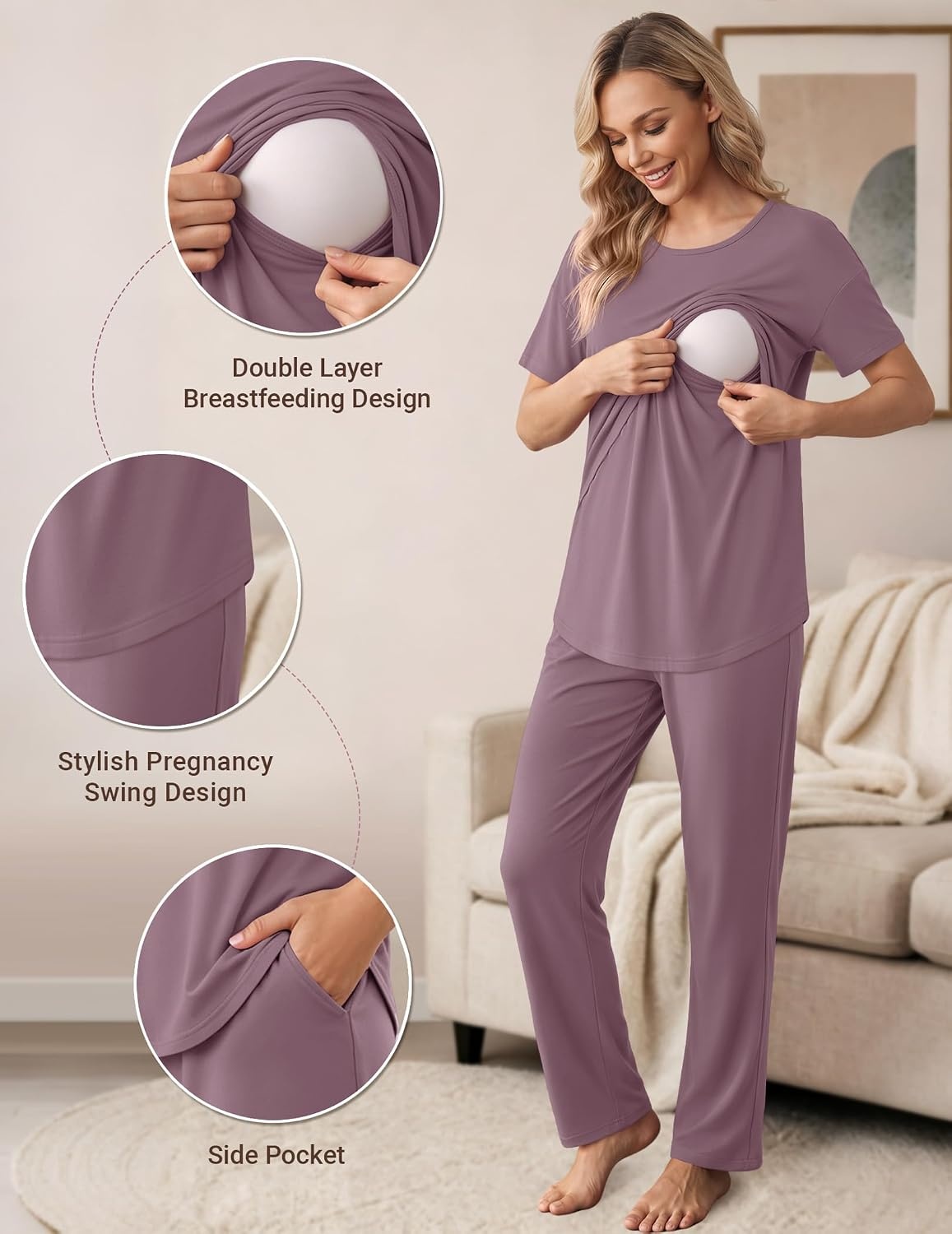 image:imageWomen 3Pcs Maternity Nursing Pajamas Sets Short Sleeve Breastfeeding PjsMagenta