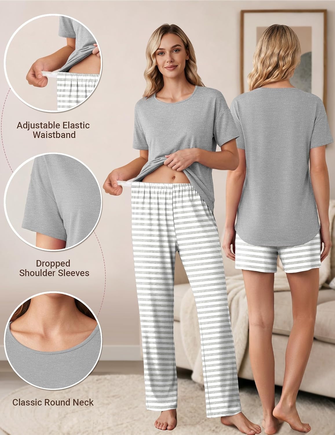 image:imageWomen 3Pcs Maternity Nursing Pajamas Sets Short Sleeve Breastfeeding PjsStripedlight Grey