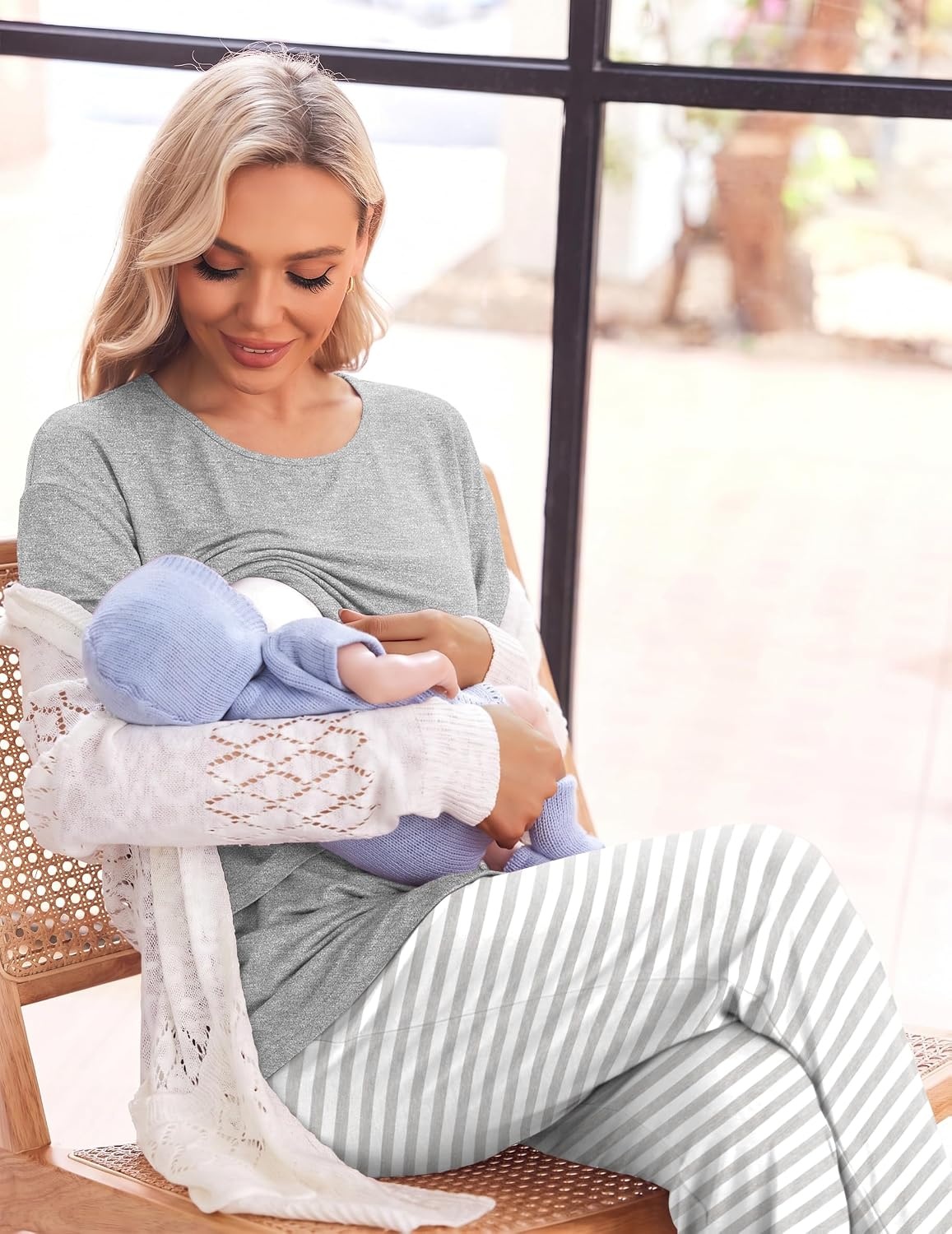 image:imageWomen 3Pcs Maternity Nursing Pajamas Sets Short Sleeve Breastfeeding PjsStripedlight Grey