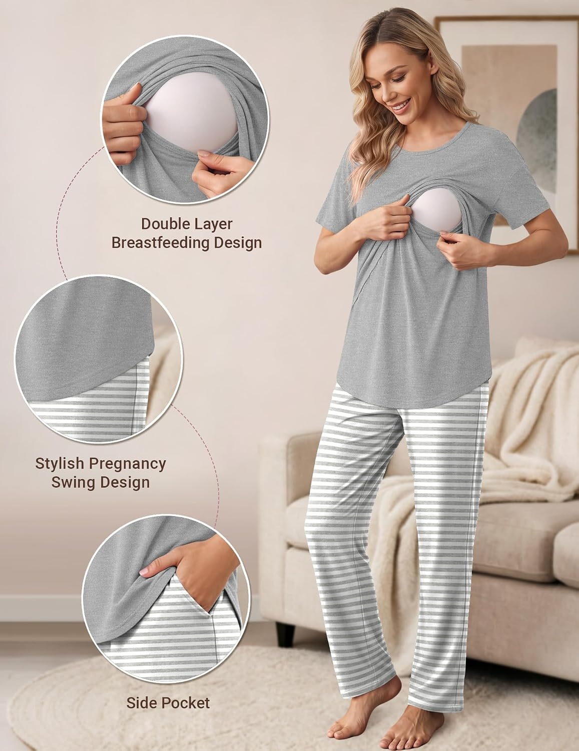 image:imageWomen 3Pcs Maternity Nursing Pajamas Sets Short Sleeve Breastfeeding PjsStripedlight Grey