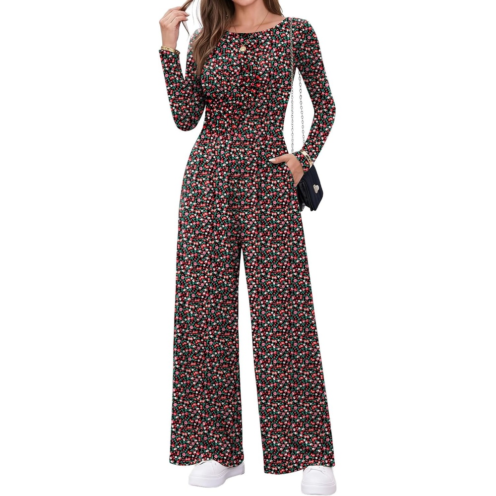 image:imageEkouaer Long Sleeve Jumpsuits for Women Dressy Fall One Piece OutfitsBlack  Red Floral
