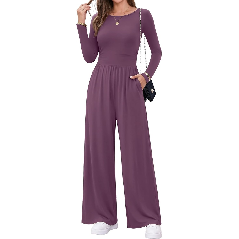 image:imageEkouaer Long Sleeve Jumpsuits for Women Dressy Fall One Piece OutfitsPurple