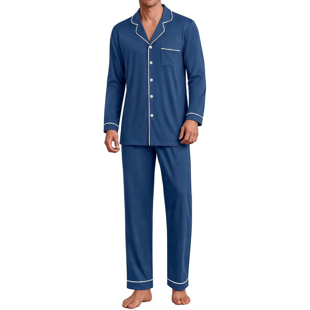 image:imageEkouaer Mens Pajama Sets Long Sleeve Loungewear Button Down Pjs with PantsBlue