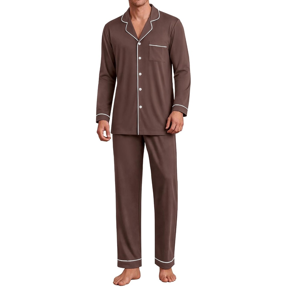 image:imageEkouaer Mens Pajama Sets Long Sleeve Loungewear Button Down Pjs with PantsBrown