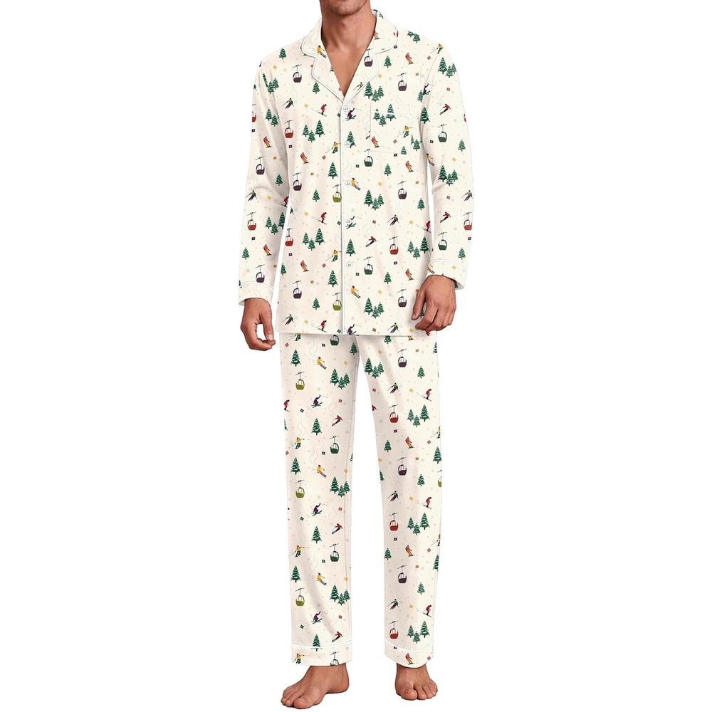 image:imageEkouaer Mens Pajama Sets Long Sleeve Loungewear Button Down Pjs with PantsChristmas Apricot Pattern