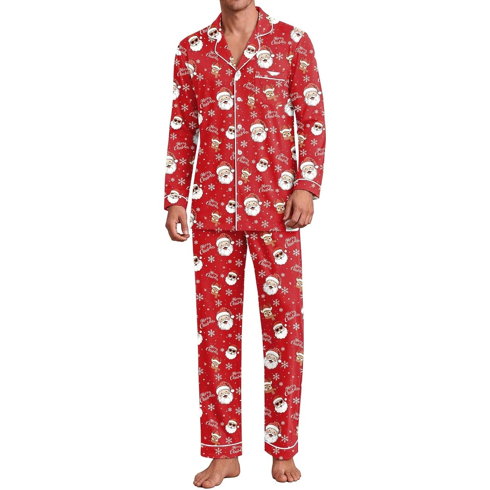 image:imageEkouaer Mens Pajama Sets Long Sleeve Loungewear Button Down Pjs with PantsChristmas Red Santa Claus