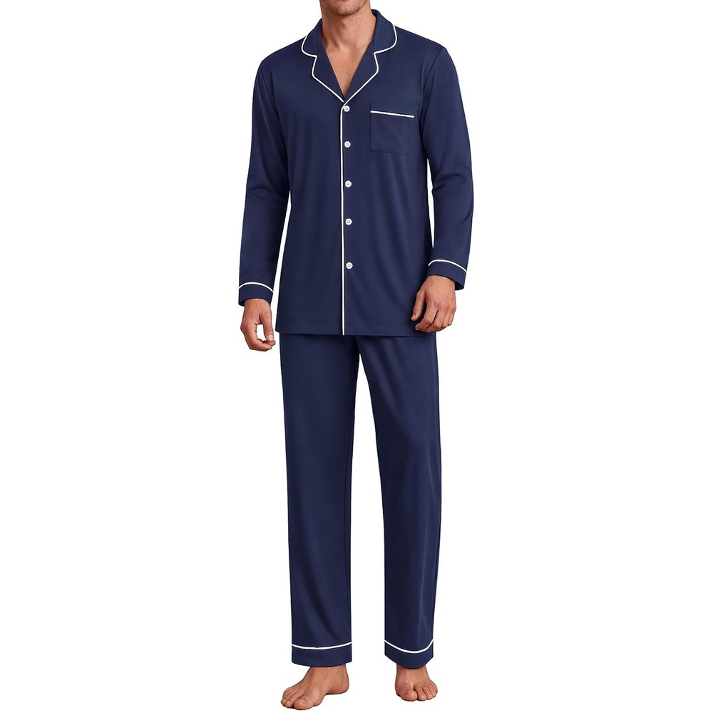 image:imageEkouaer Mens Pajama Sets Long Sleeve Loungewear Button Down Pjs with PantsNavy Blue