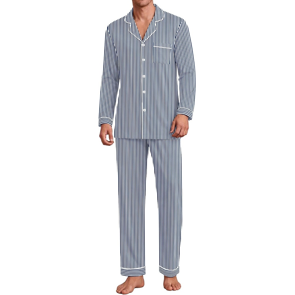 image:imageEkouaer Mens Pajama Sets Long Sleeve Loungewear Button Down Pjs with PantsNavy Stripe