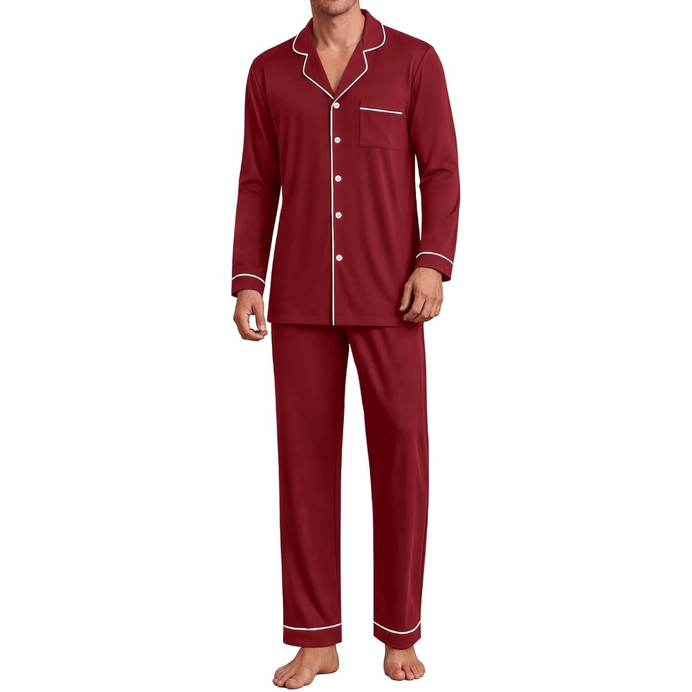 image:imageEkouaer Mens Pajama Sets Long Sleeve Loungewear Button Down Pjs with PantsRed