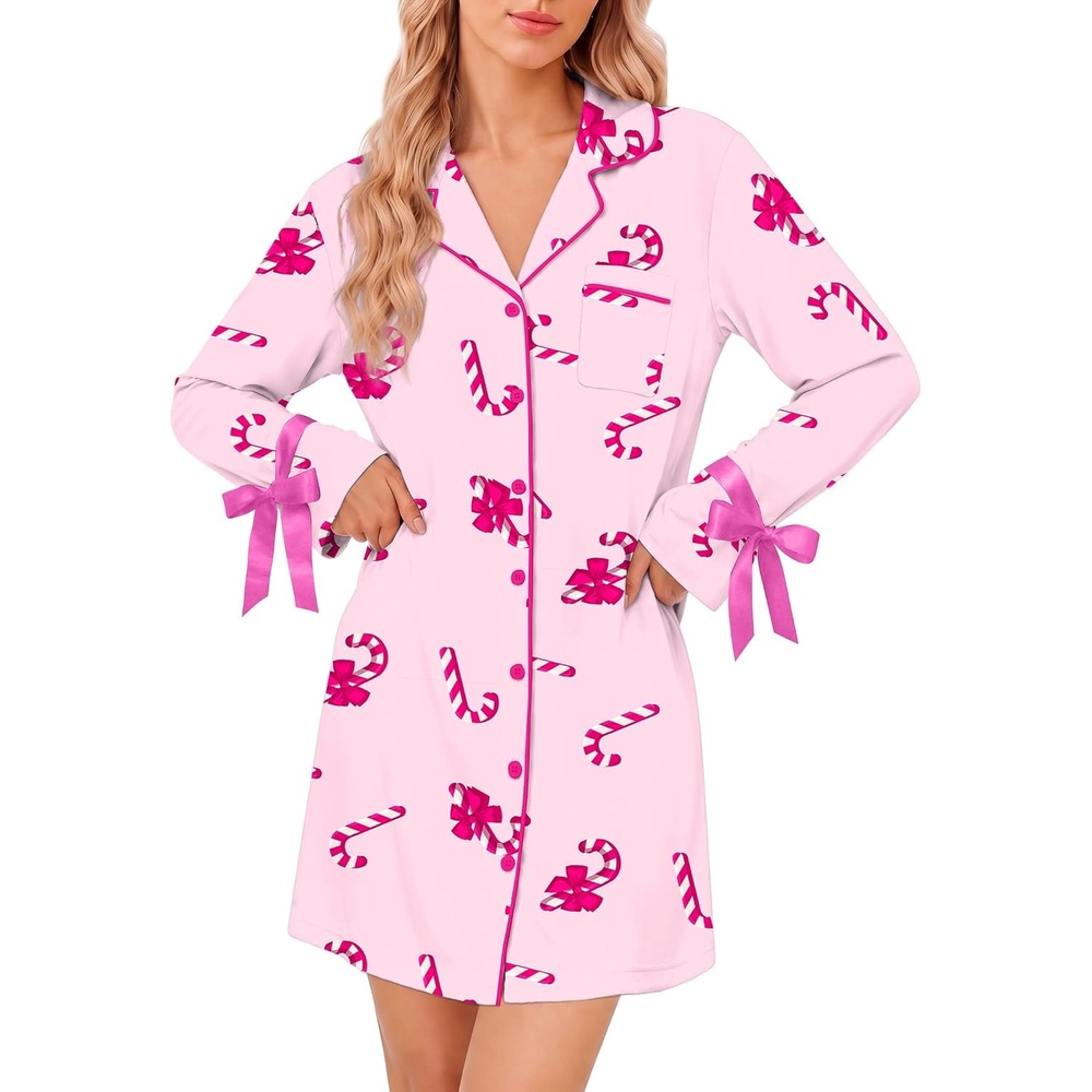 image:imageEkouaer Nightgowns for Women Long Sleeve Button Down Bow Cuffs Sleep ShirtCandy Canes