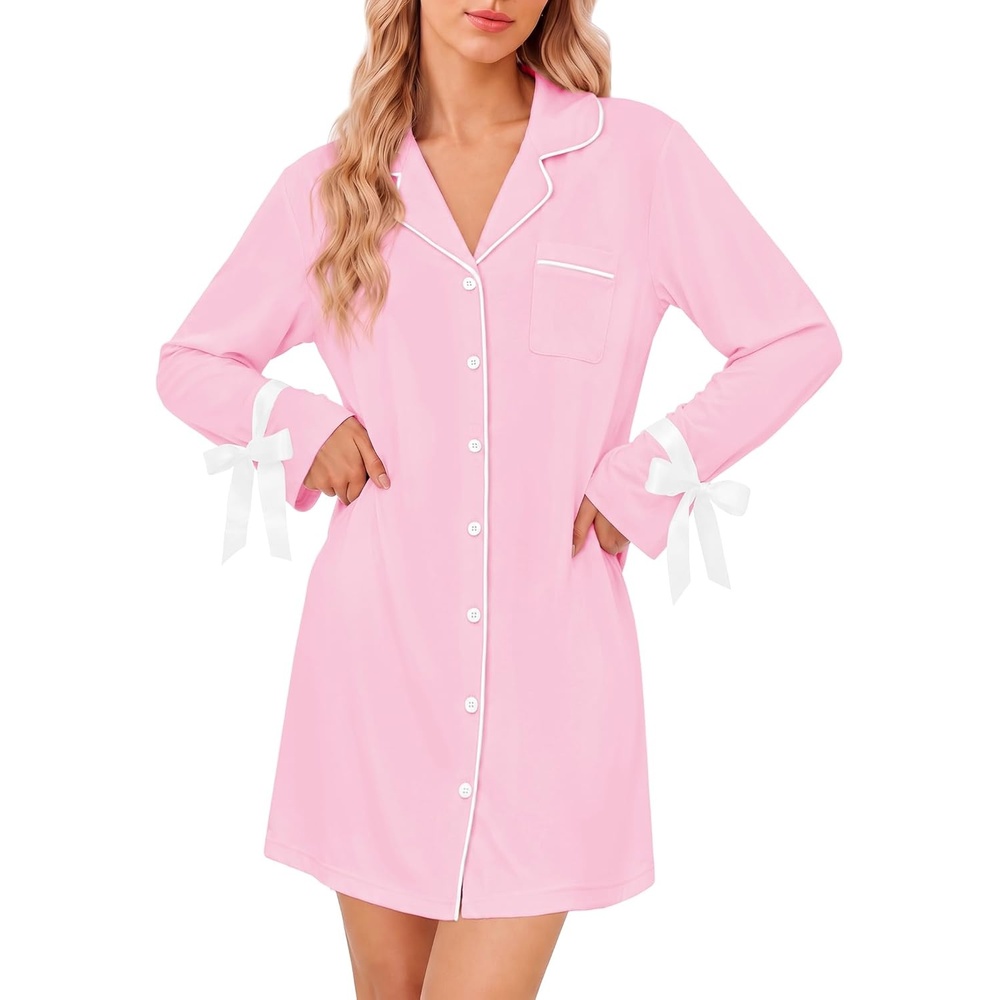 image:imageEkouaer Nightgowns for Women Long Sleeve Button Down Bow Cuffs Sleep ShirtPink