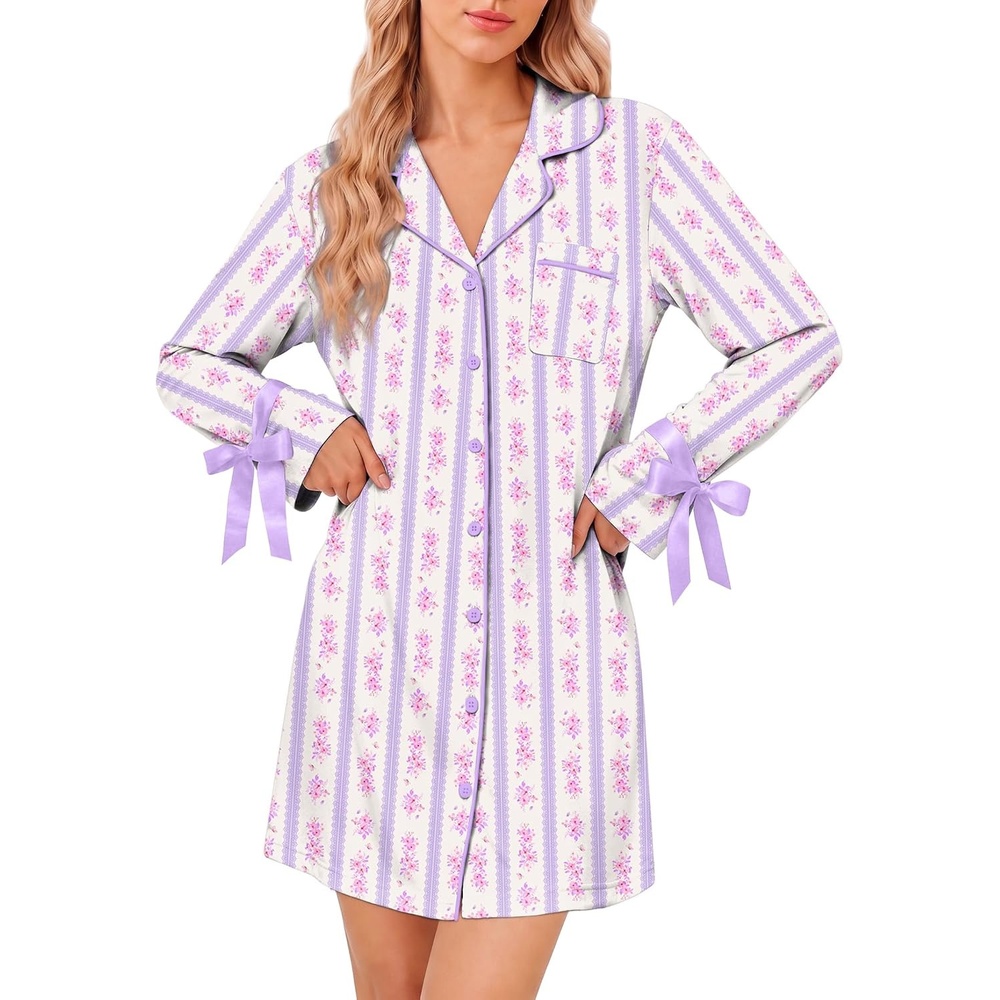 image:imageEkouaer Nightgowns for Women Long Sleeve Button Down Bow Cuffs Sleep ShirtPurple Floral
