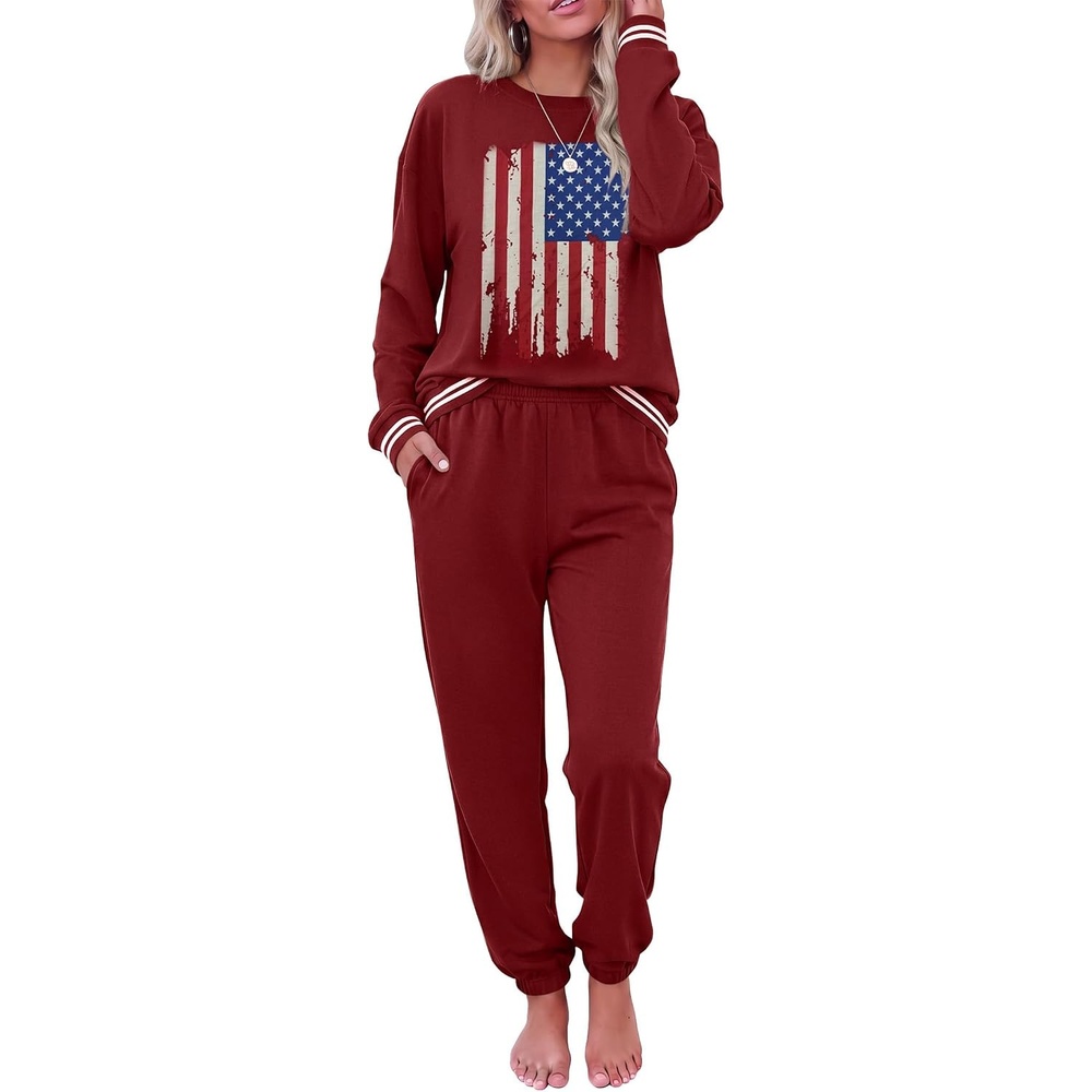 image:imageEkouaer Womens 2 Piece Lounge Sets Casual Matching Set 2026 Fashion OutfitWine Red Flag