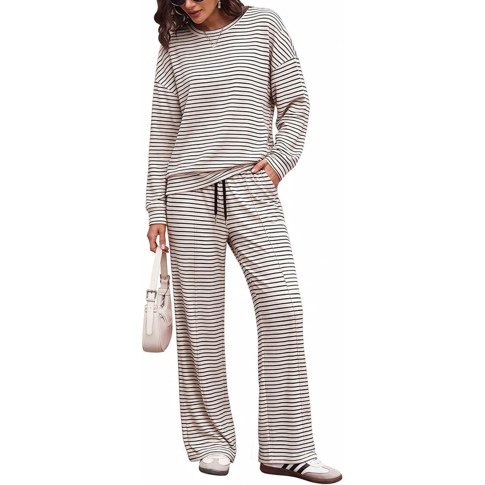 image:imageEkouaer Womens 2 Piece Sets Striped Lounge Sets Outfits Matching ClothingApricot Black Combo
