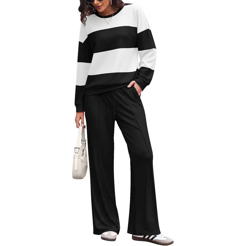 image:imageEkouaer Womens 2 Piece Sets Striped Lounge Sets Outfits Matching ClothingBalck Beige Combo