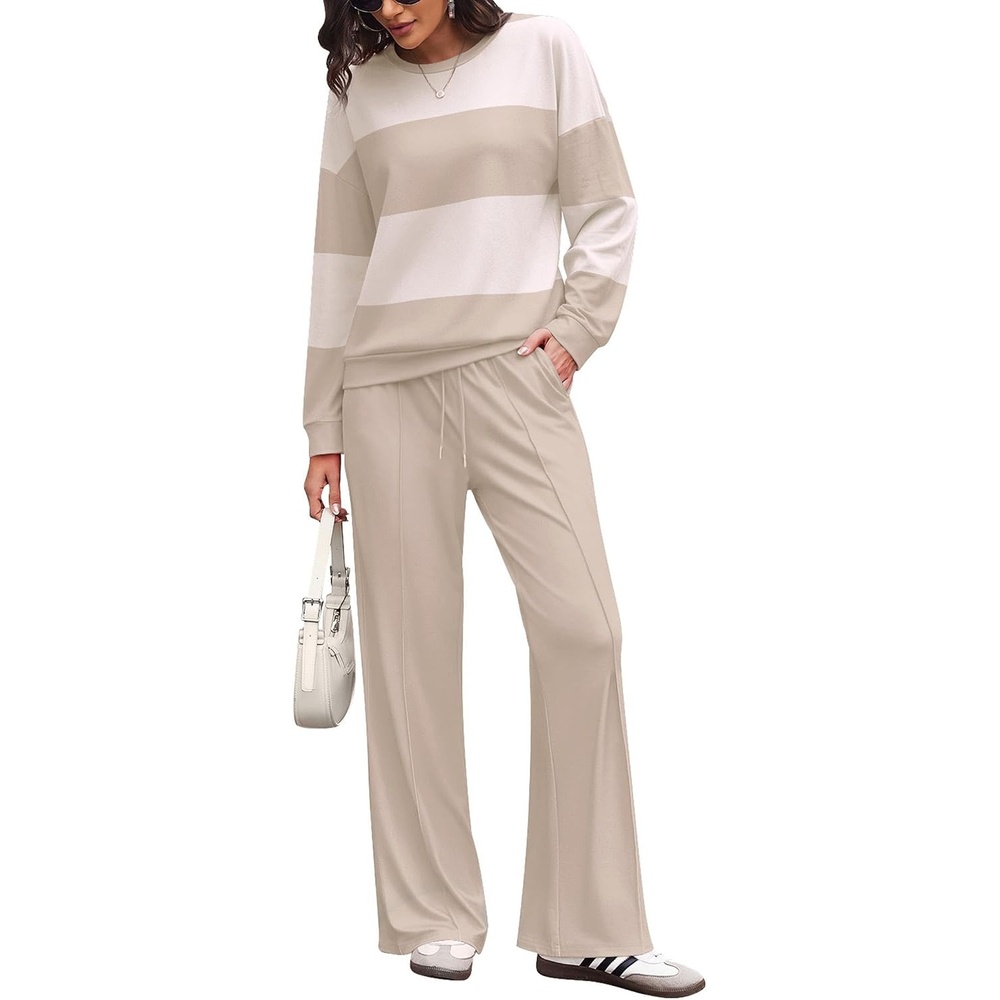 image:imageEkouaer Womens 2 Piece Sets Striped Lounge Sets Outfits Matching ClothingBeige White Combo
