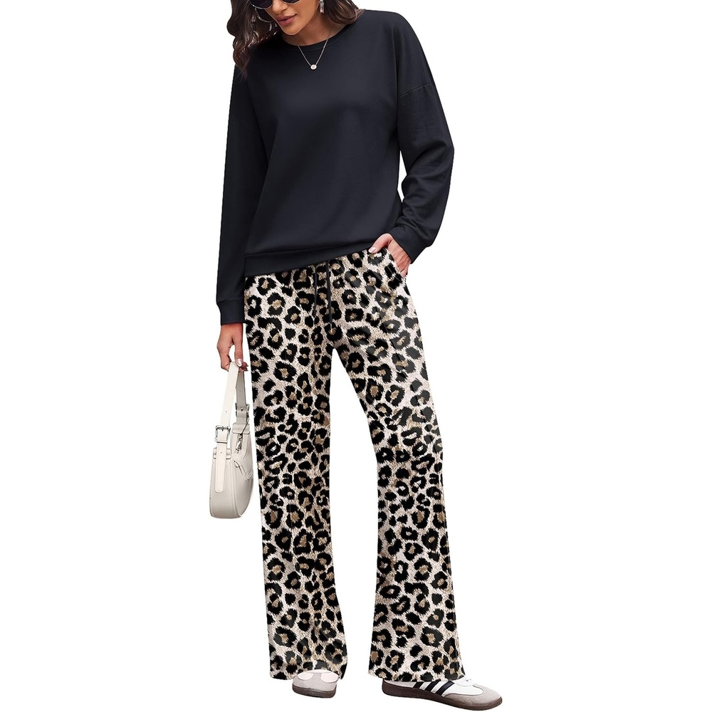 image:imageEkouaer Womens 2 Piece Sets Striped Lounge Sets Outfits Matching ClothingBlack Leopard Combo