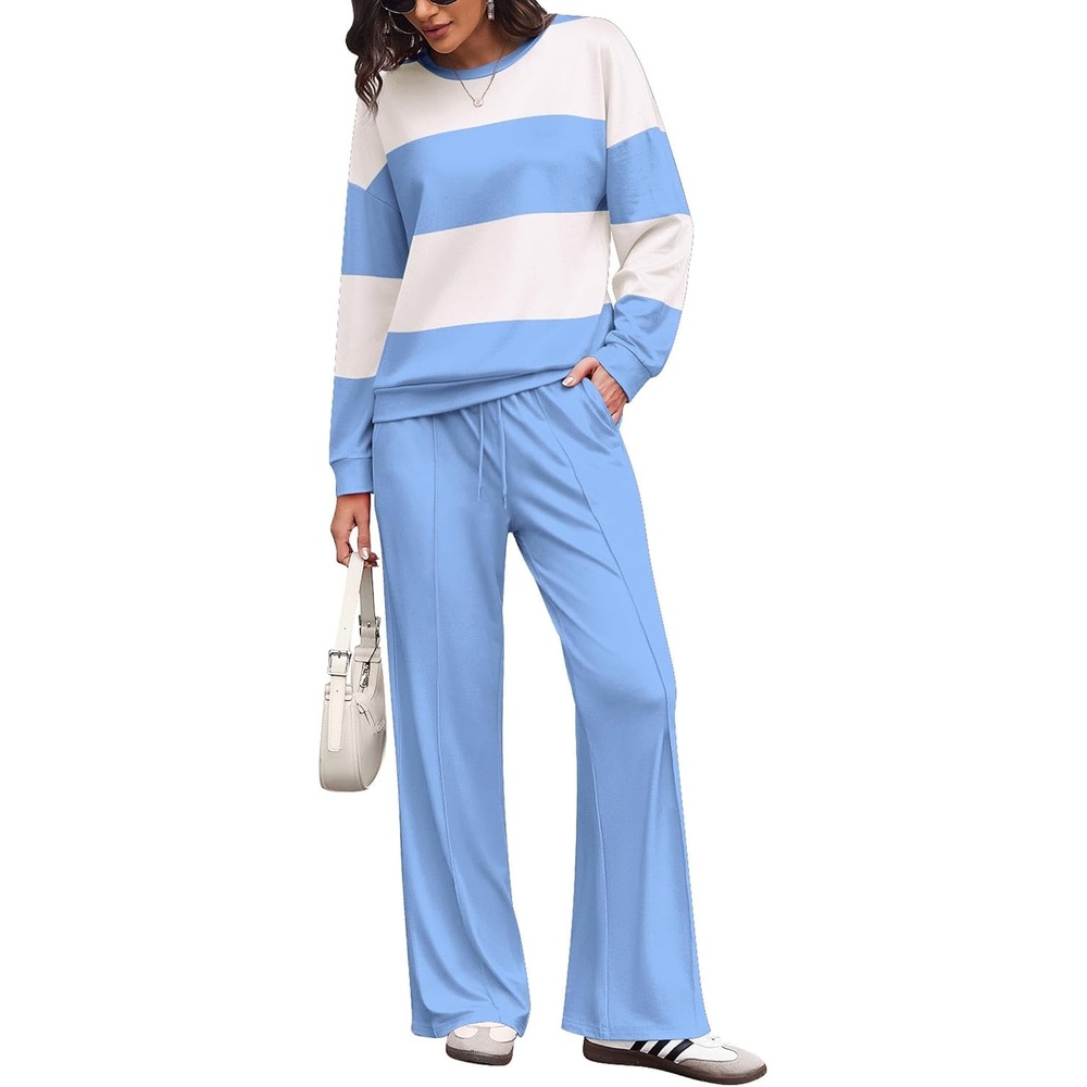 image:imageEkouaer Womens 2 Piece Sets Striped Lounge Sets Outfits Matching ClothingBlue Beige Combo