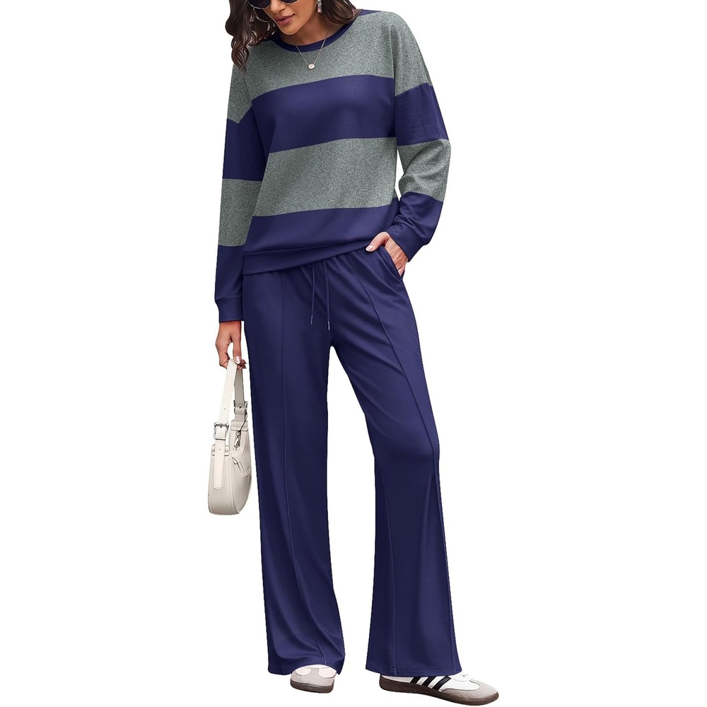 image:imageEkouaer Womens 2 Piece Sets Striped Lounge Sets Outfits Matching ClothingNavy Grey Combo