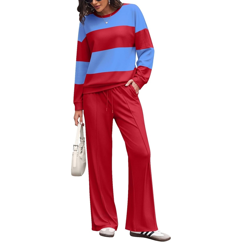 image:imageEkouaer Womens 2 Piece Sets Striped Lounge Sets Outfits Matching ClothingRed Blue Combo