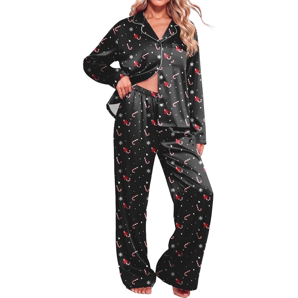 image:imageEkouaer Womens Christmas Pajamas Silk Satin Pjs 2 Piece Striped LoungewearChristmas Black Candy Cane