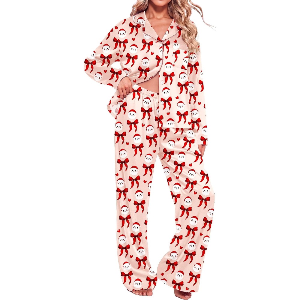 image:imageEkouaer Womens Christmas Pajamas Silk Satin Pjs 2 Piece Striped LoungewearChristmas Champagne Bow
