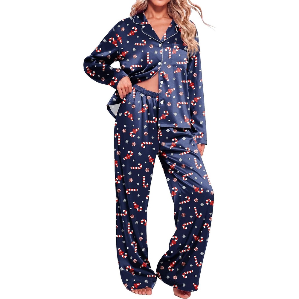 image:imageEkouaer Womens Christmas Pajamas Silk Satin Pjs 2 Piece Striped LoungewearChristmas Navy Candy Cane