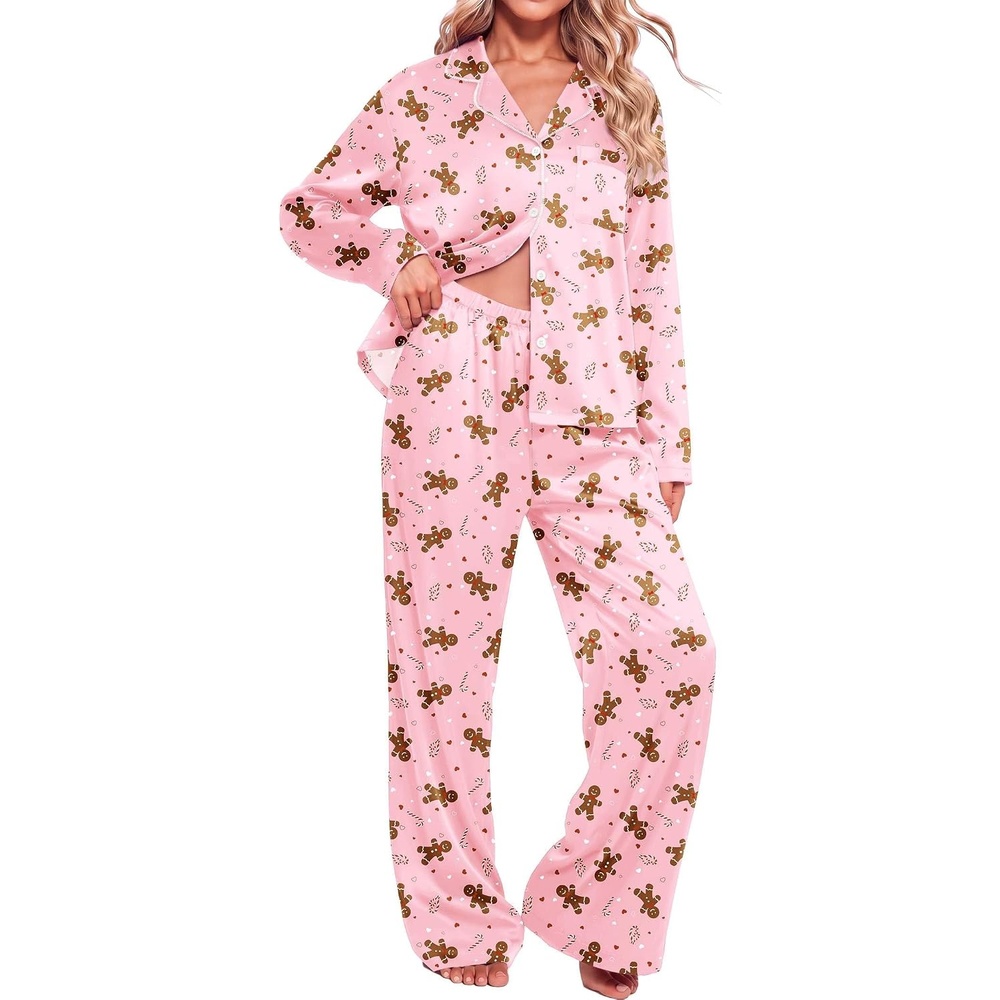 image:imageEkouaer Womens Christmas Pajamas Silk Satin Pjs 2 Piece Striped LoungewearChristmas Pink Gingerbread Man